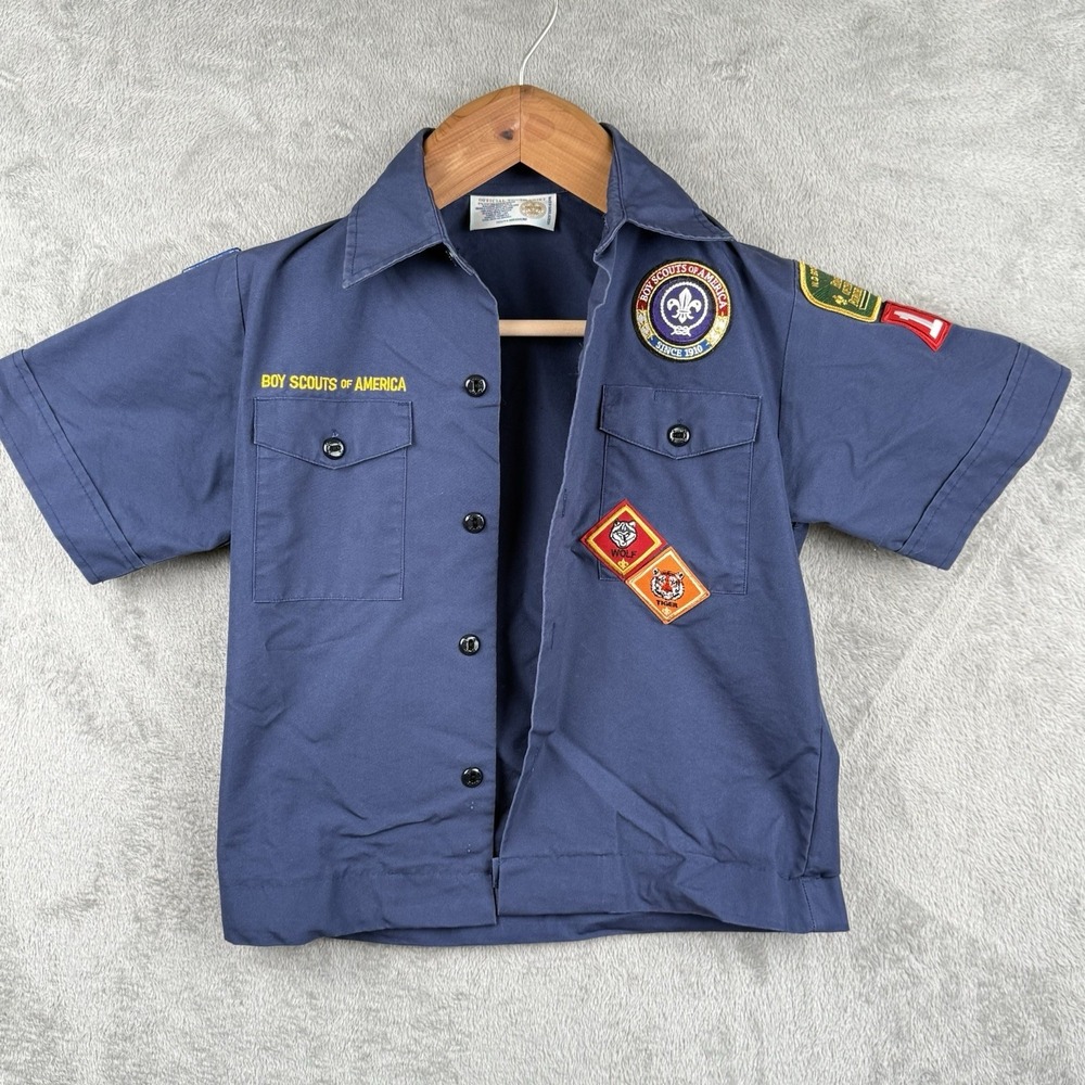 Boy Scouts of America Official Youth Shirt Medium Navy Blue Button Down Patches